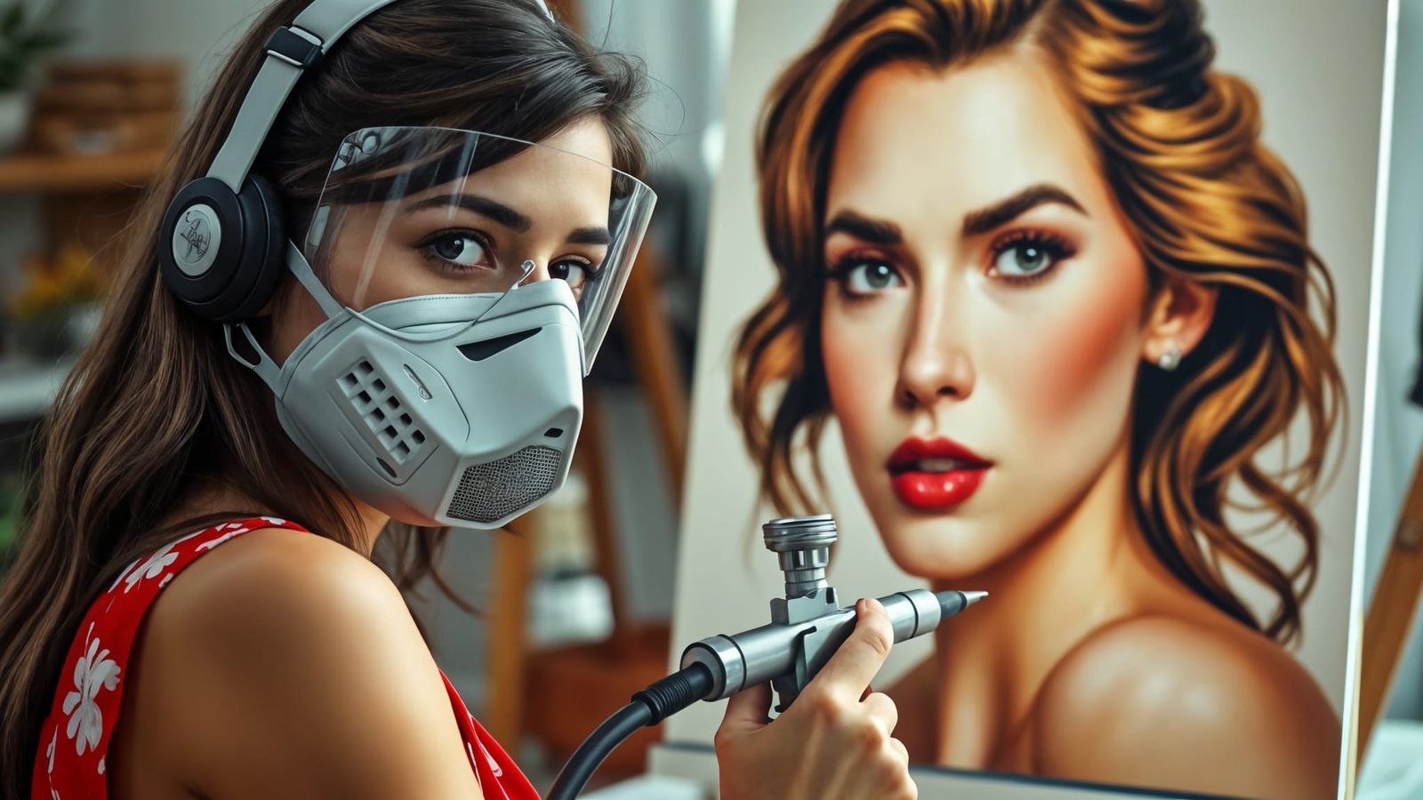 Airbrush Artist Painting a Portrait in Studio