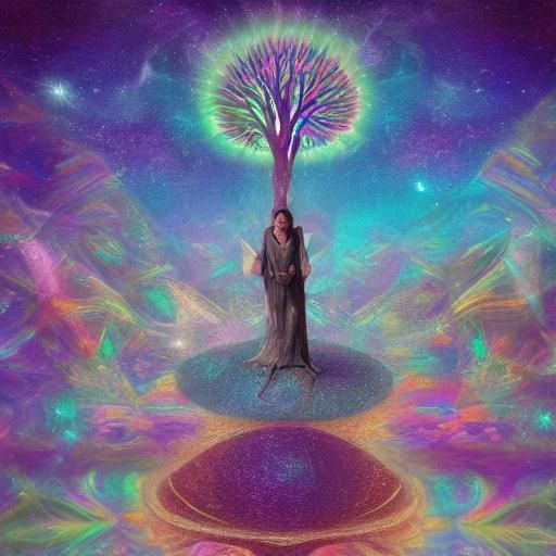 Cosmic Treehouse Meditation: Holographic Astral Illustration