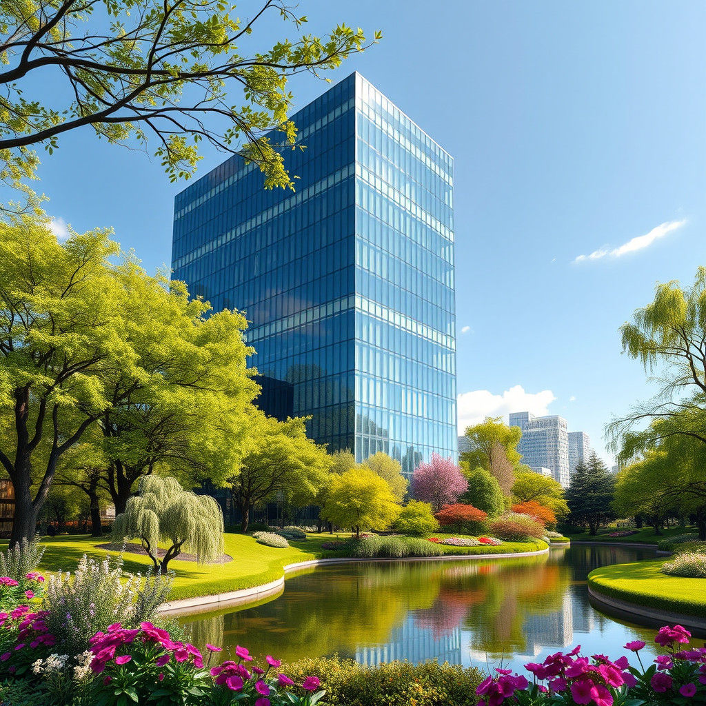 Sleek Modern Office Building Amidst Lush Green Park in Photo...
