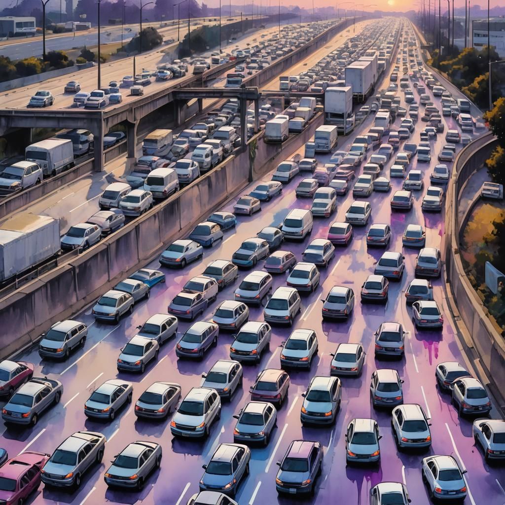 I5 Freeway Sunset Traffic Jam in Graffiti Art Style