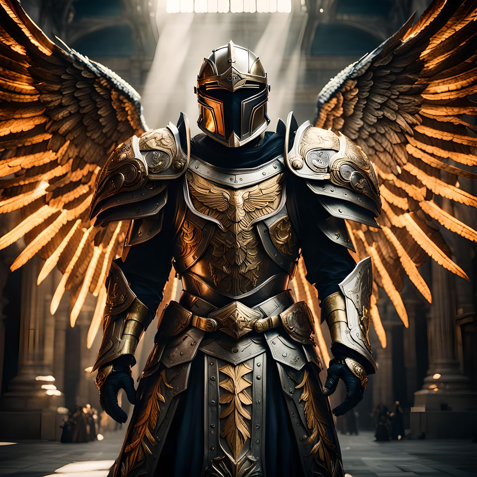 Hyperrealistic Paladin in Glamour Armor with Angel Wings