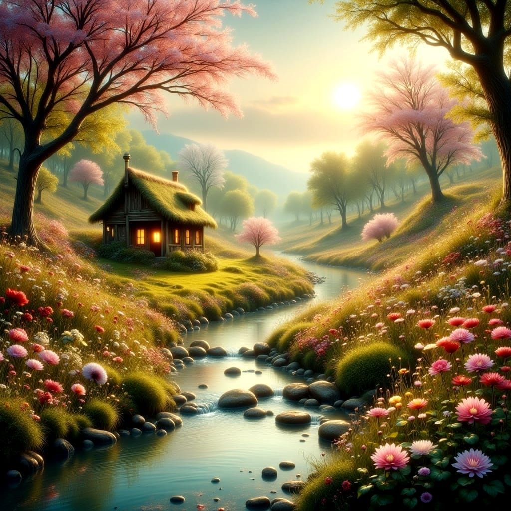 Surreal Countryside Idyll in Vibrant Oil Paint Style