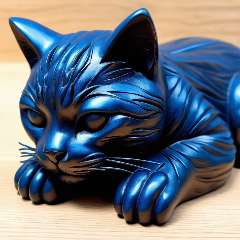 Face down back up stretching cat sculpture in dark wood