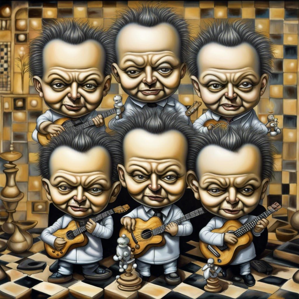Chibi Clones Playing Guitars in Surreal Artwork