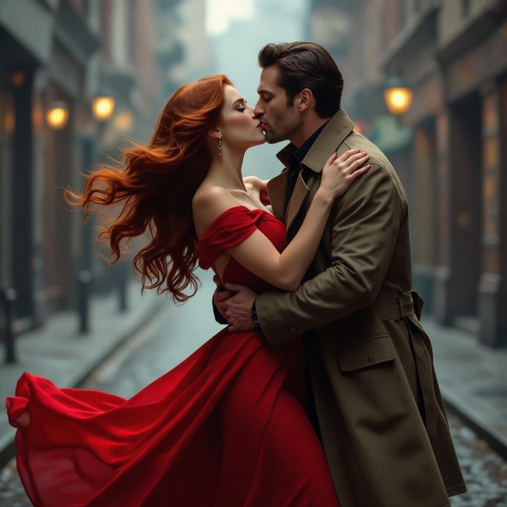 Passionate Kiss Between Red-Haired Woman and Detective