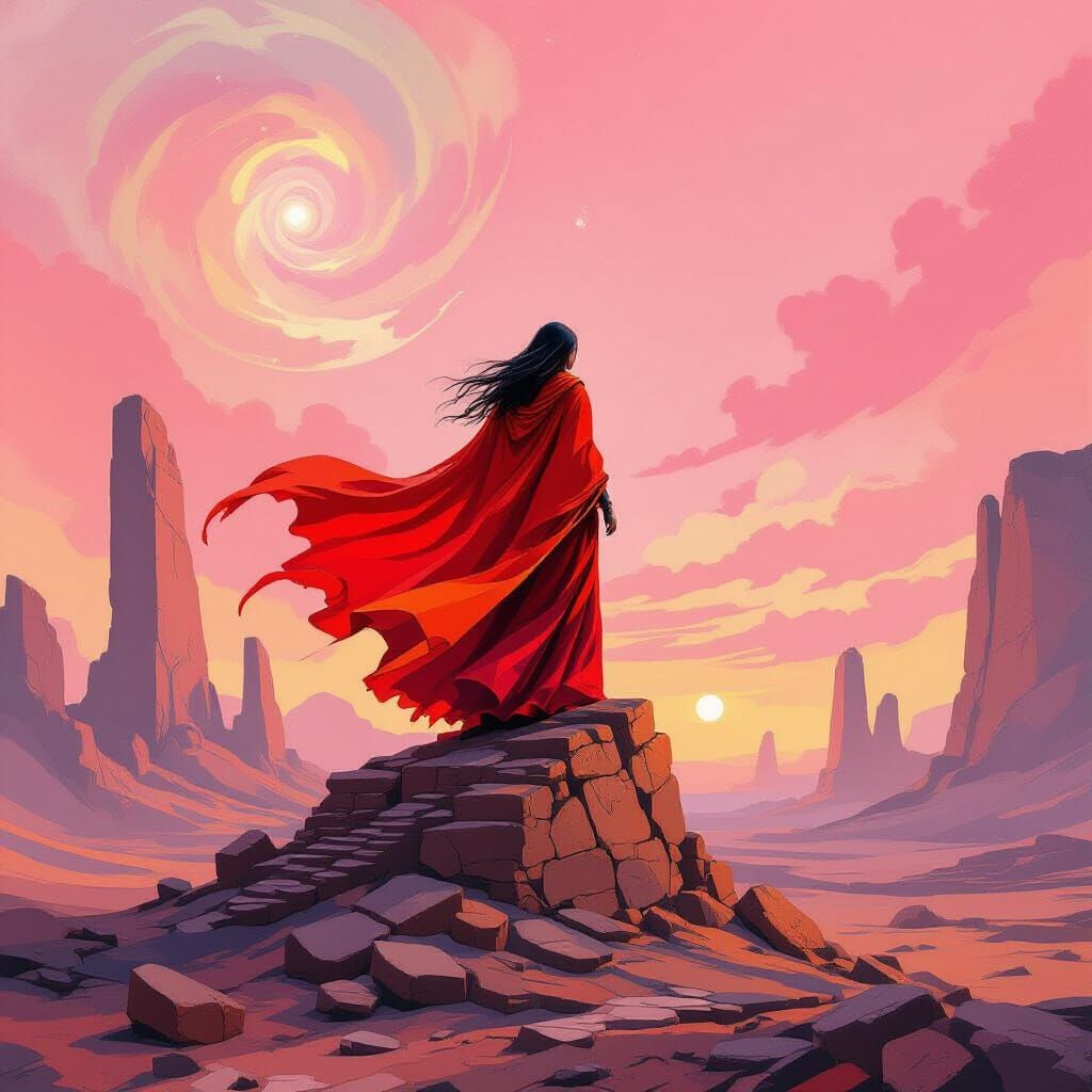 Sorceress on Ruin Under Cosmic Sky