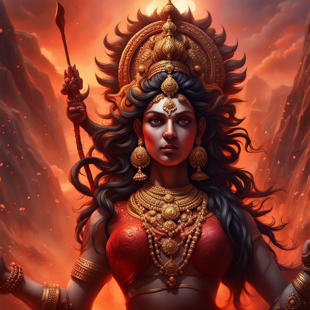 Goddess Durga Slaying Demon: Fantasy Concept Art