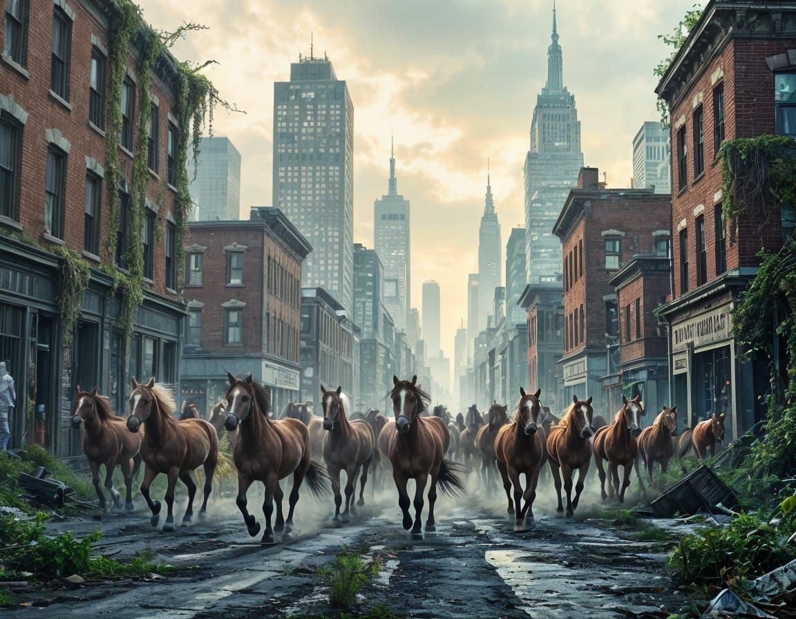 Nature Reclaims Cityscape with Wild Horses Roaming