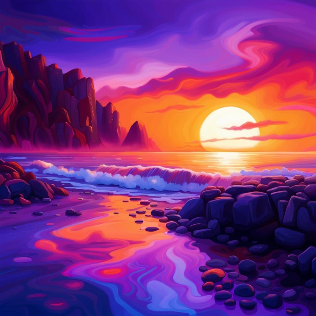 Psychedelic Sunset Shoreline in Fantasy Illustration