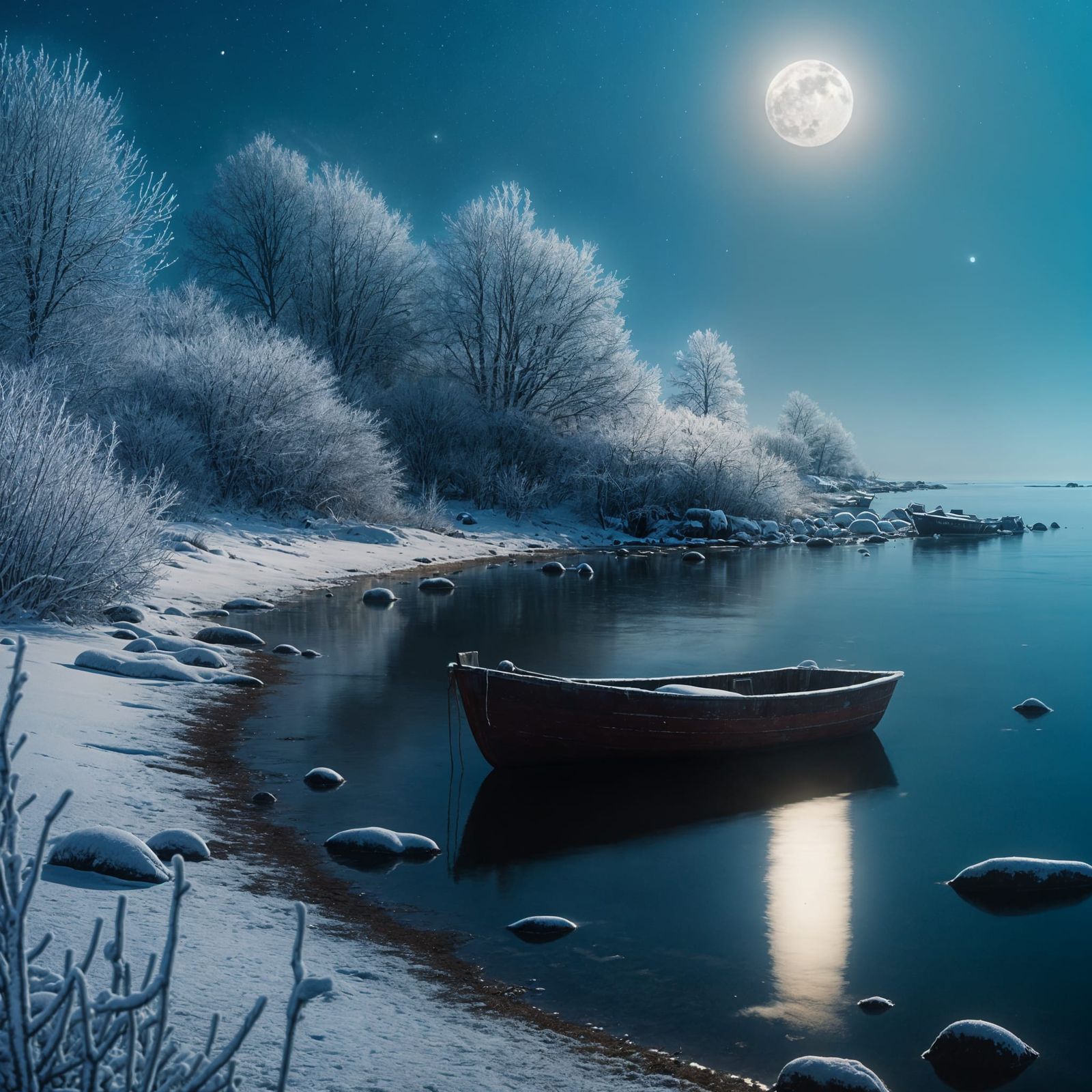 Serene Winter Scene Under Moonlit Skies