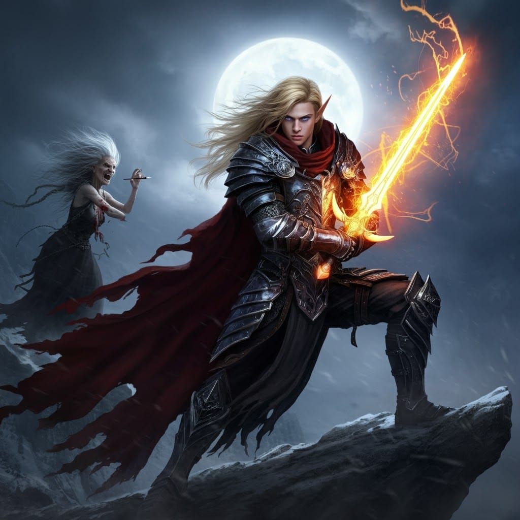 Elf Warrior Battles Hag on Windswept Cliff