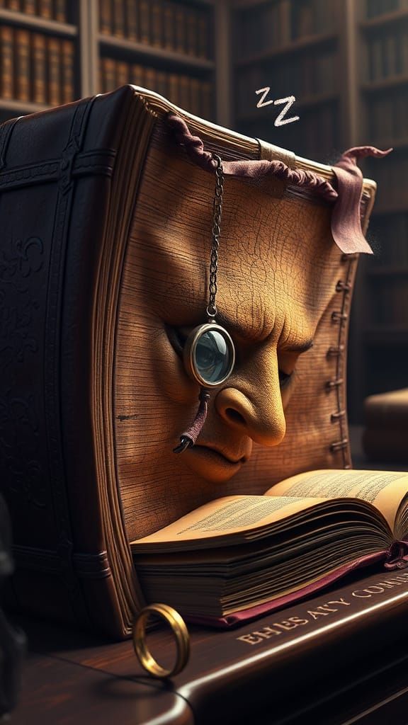 Ancient Book with Sleeping Face Spine in Dark Fantasy Style