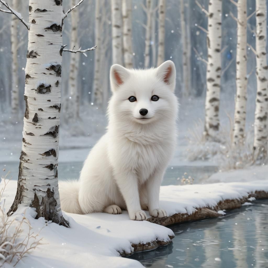 Chibi Arctic Fox in Snowy Impasto Watercolor