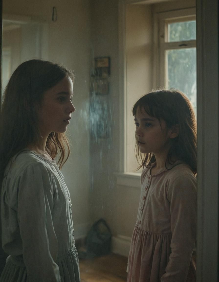 Eerie Ghost Girl in Mirror: Cinematic Film Still
