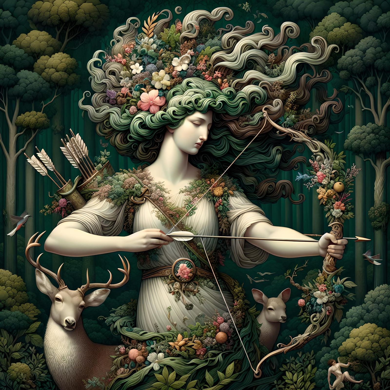 Goddess Diana with Bow and Deer in Baroque Style