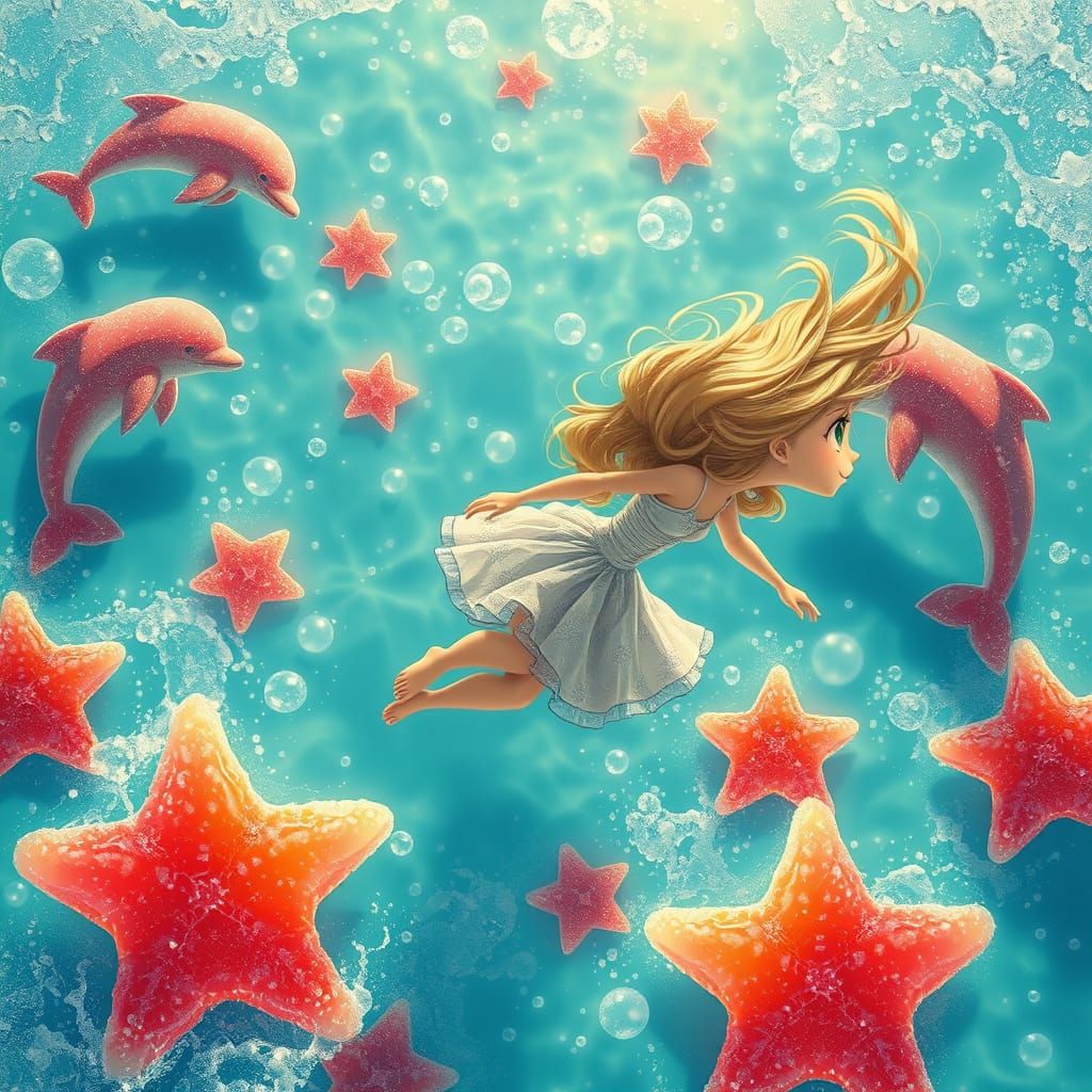 Woman Gliding Over Soda Sea, Dreamlike Digital Art