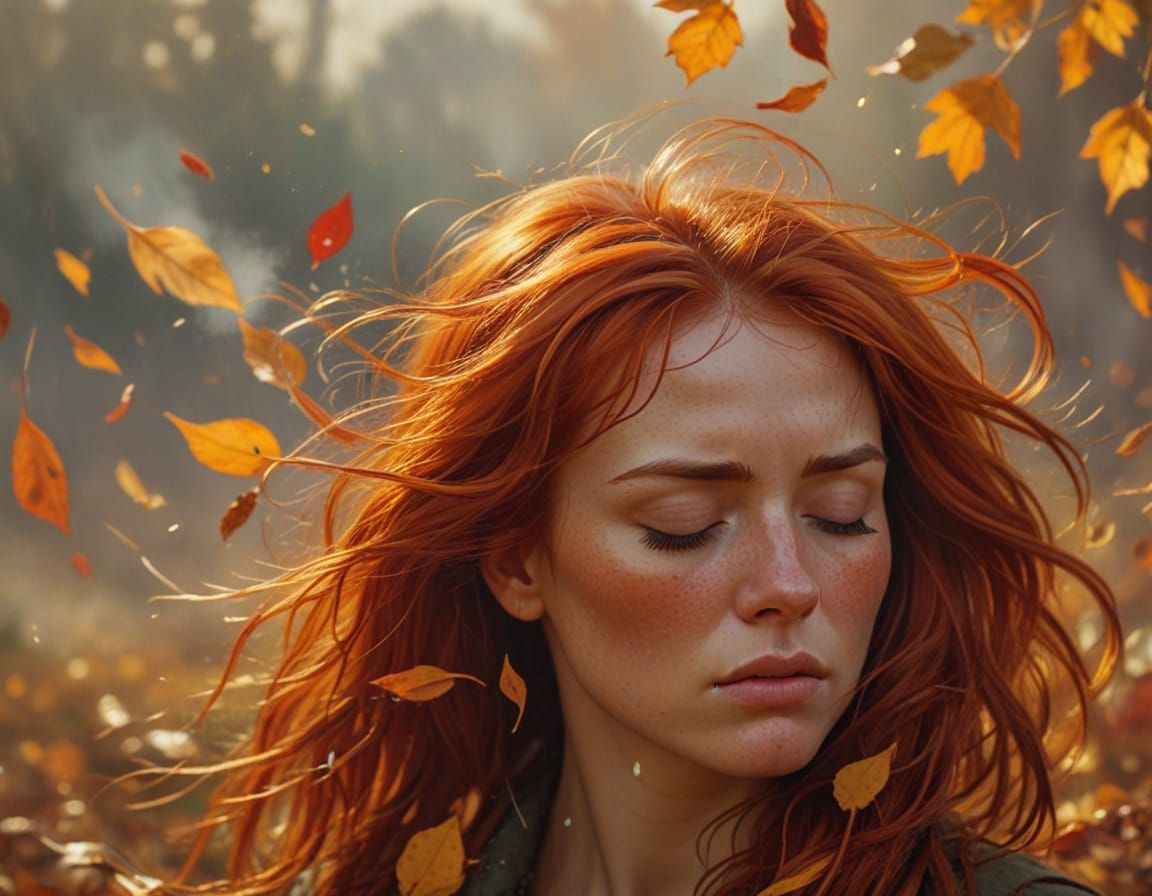 Sad Woman in Autumn Wind: Expressive Oil Painting