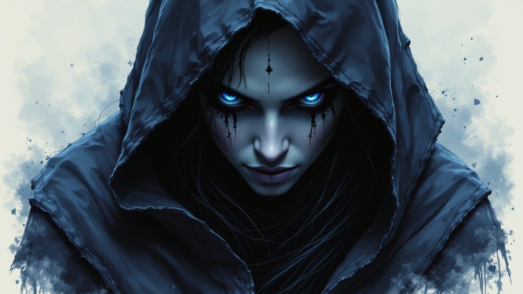 Mysterious Shadow Figure with Piercing Blue Eyes