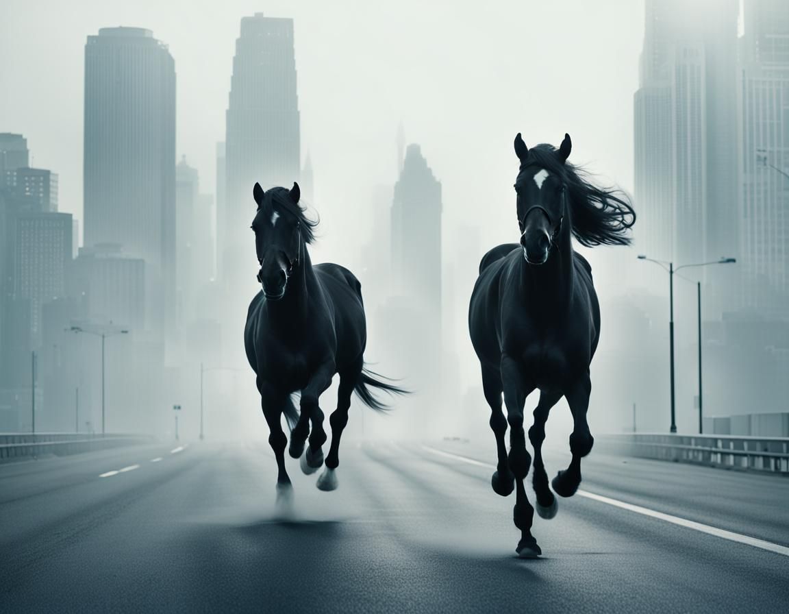 Lone Black Horse Runs on Highway in Haze