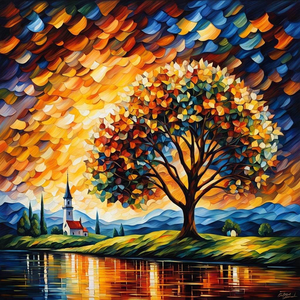 Stained Glass Linocut Oil Painting in Vibrant Colors