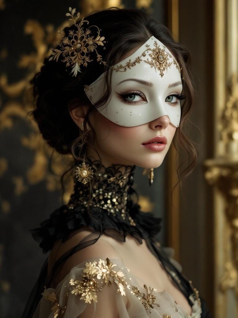 Elegant Woman in Mask, Art Nouveau Style