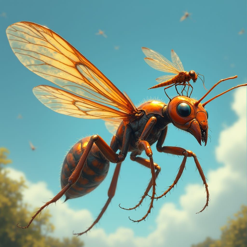 Winged Ant with Dragonfly in Surreal Sky