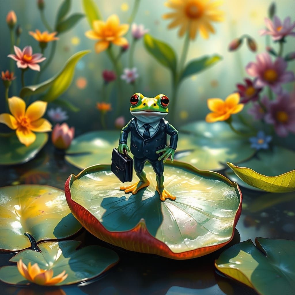 Bioluminescent Frog in Suit, Impressionist Gouache Painting