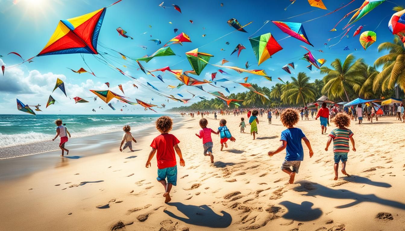 Lively Tropical Beach with Children and Kites