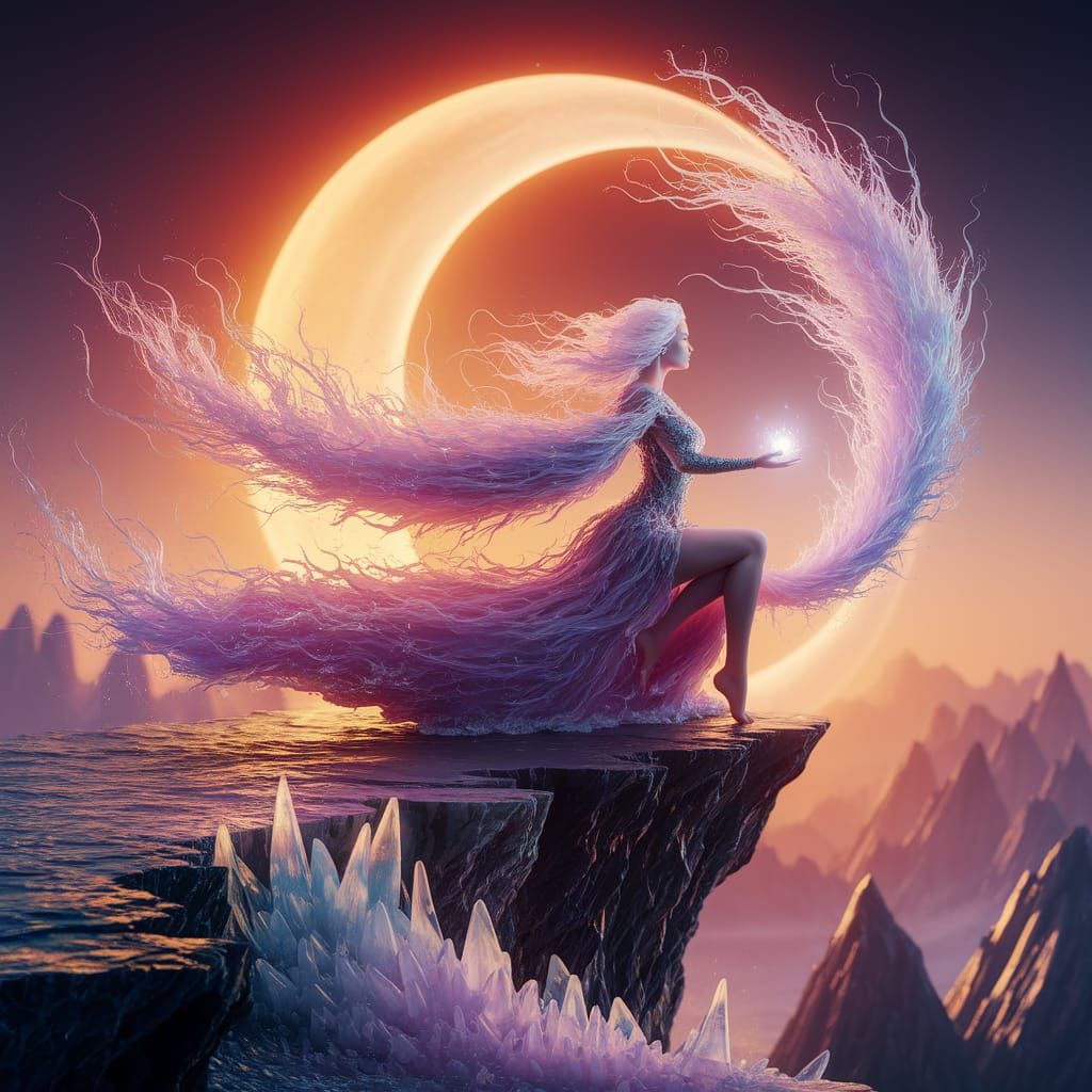 Ethereal Sorceress Conjures Light Vortex on Precipice