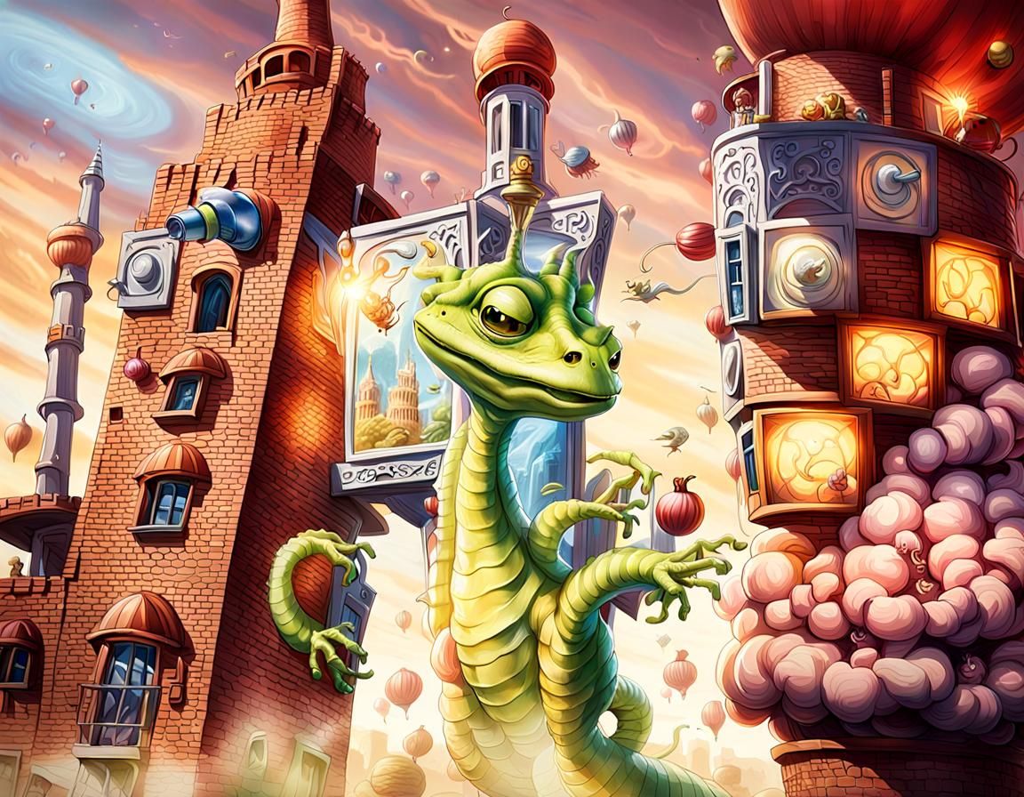 Surreal Macro Photo: Tower, Dragon, and Mouse