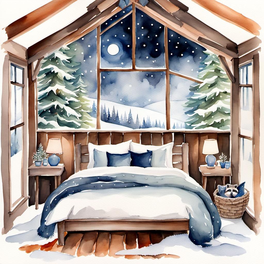 Raccoon in Cozy Treehouse Bedroom Watercolor Painting