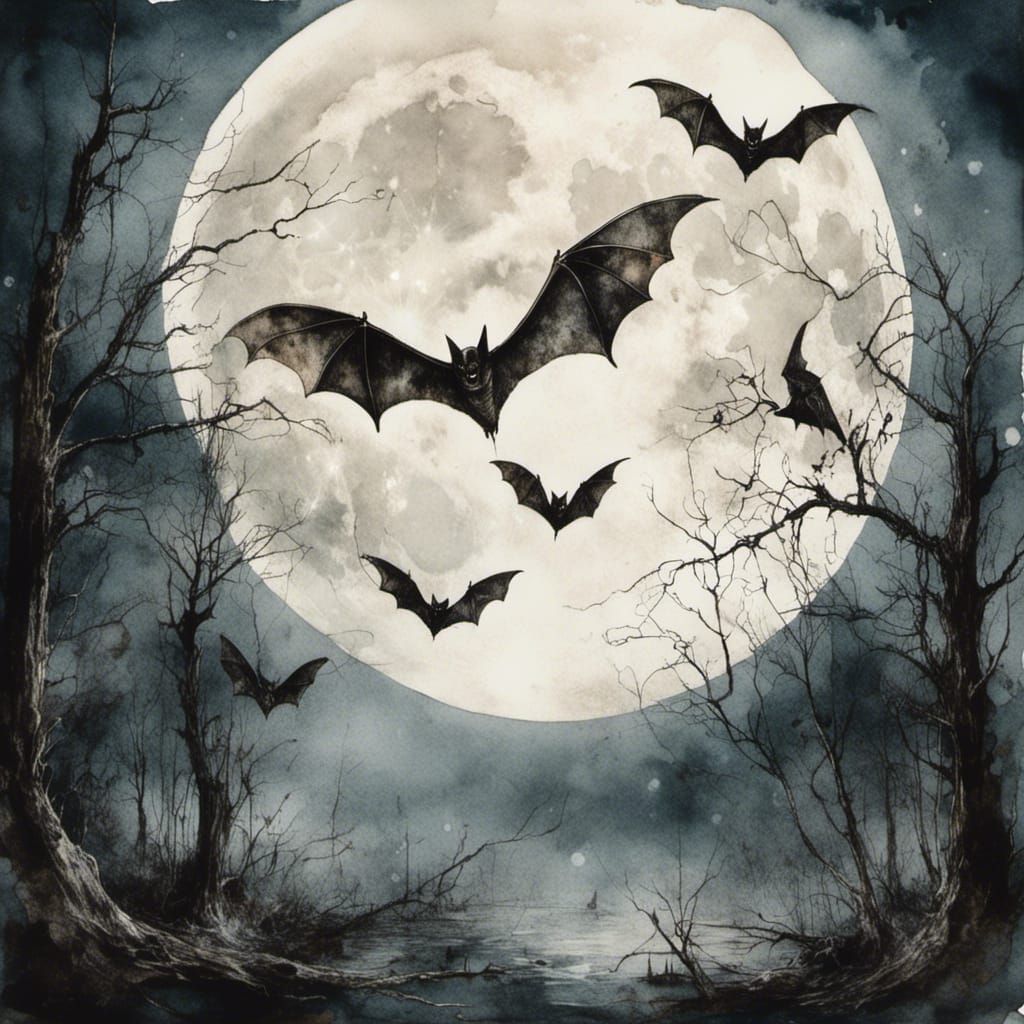 Macabre Watercolour Bats Flying on Full Moon Night