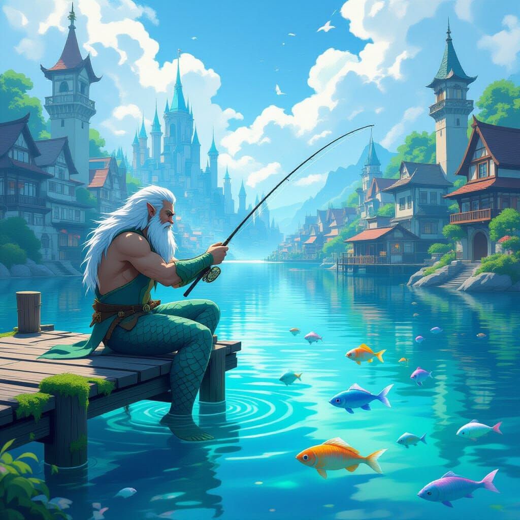 Merman Fisherman by Fantasy City Lake in Anime Style