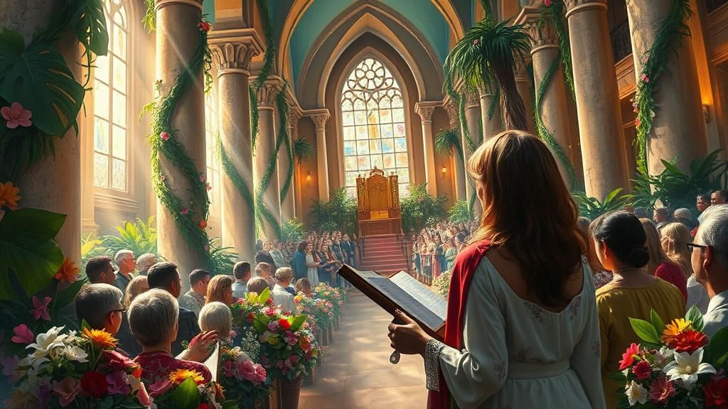 Woman Evangelist in Flower-Filled Church as Oil Painting