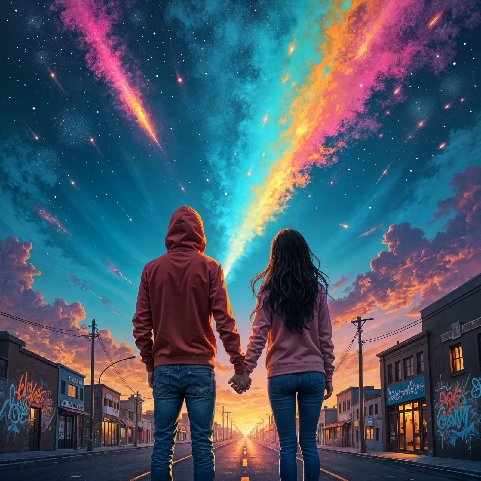 Lovers Watching Meteor Shower in Graffiti Art Style