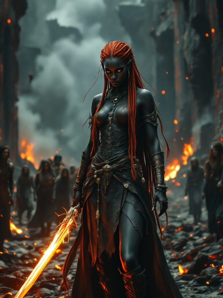 Elegant Shadow Elf Guardian in Lava-Swept Ruins