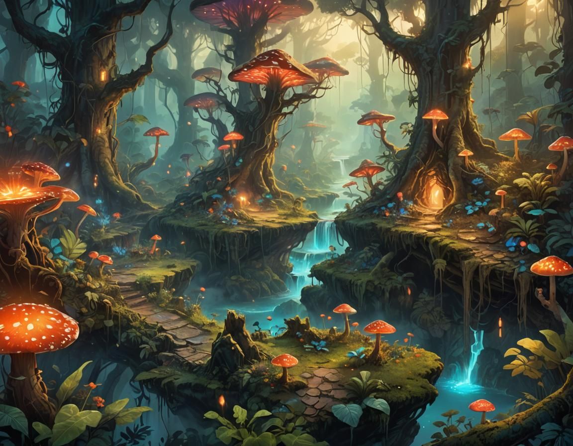 Fantasy Jungle Landscape with Magic Sparks at Dawn