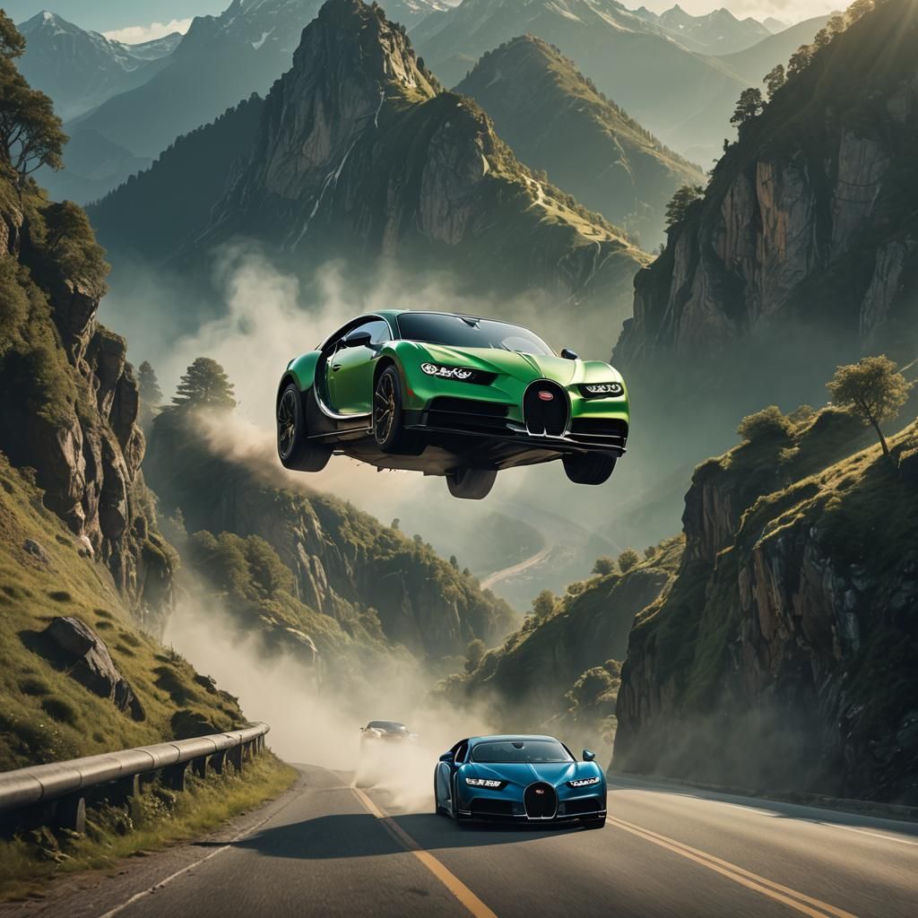 Green Bugatti Chiron Jumps: Hyperrealistic Digital Art