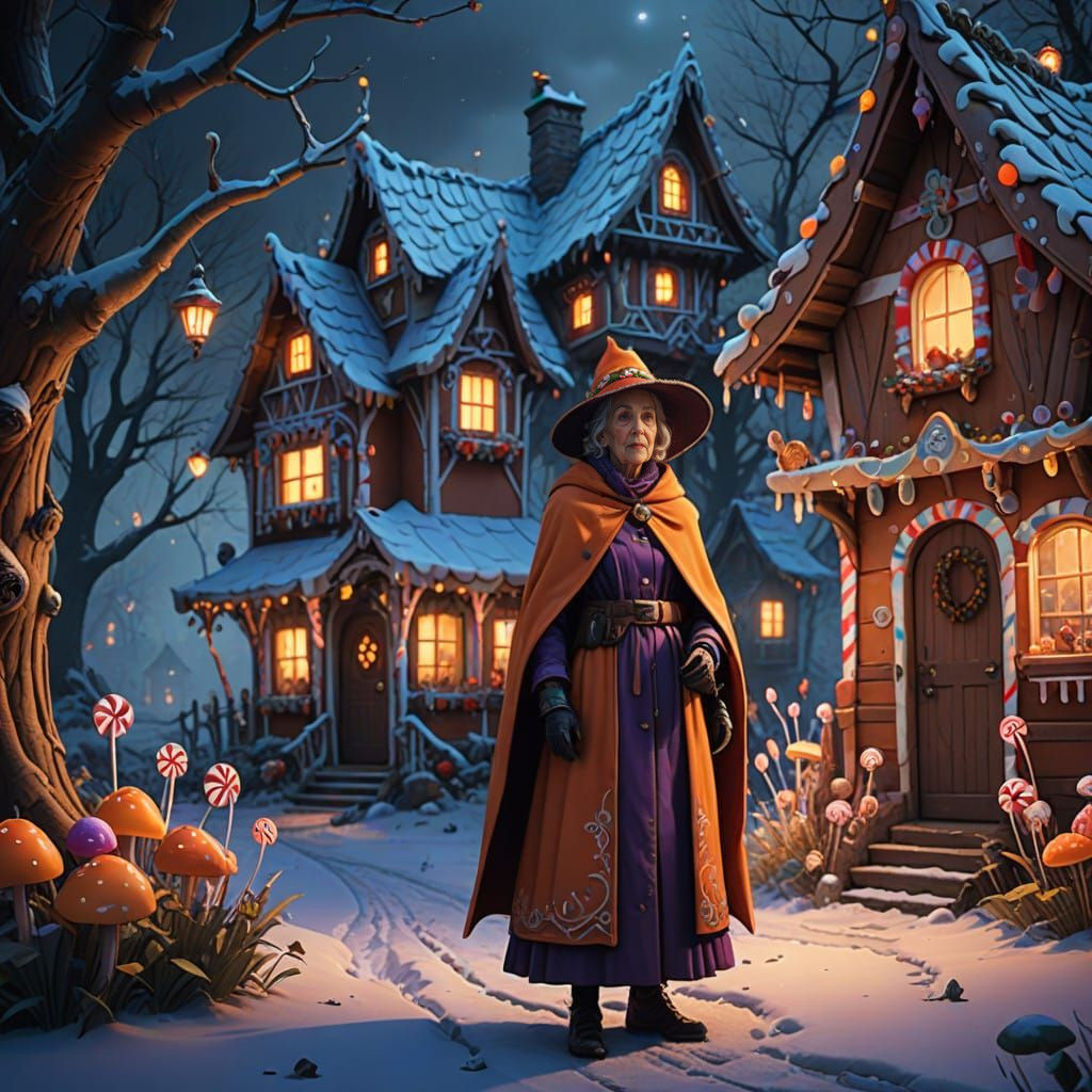 Fantastical Elderly Woman Surrounded by Whimsical Candy Cott...