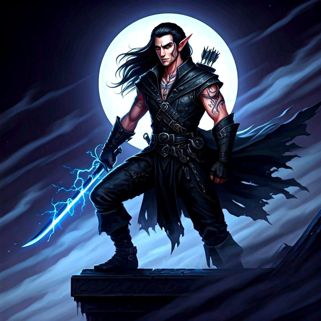 Half-Elf Rogue on Rooftop with Lightning Sword