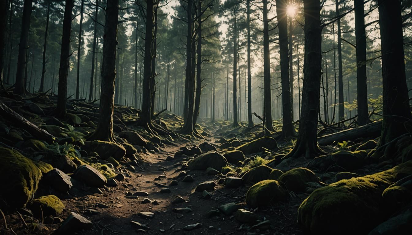 Sunlit Path Through Dark Forest: Cinematic Still