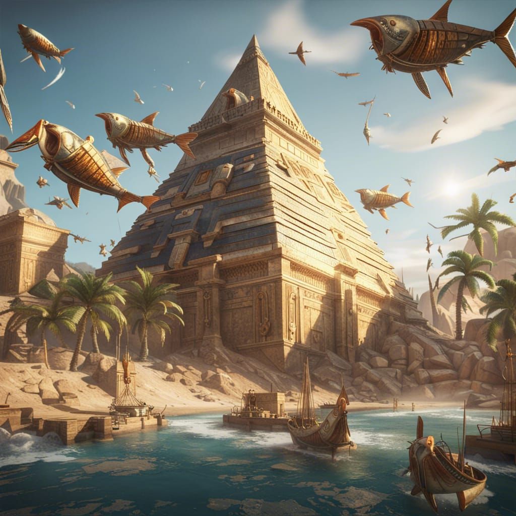 Post apocaliptyc piramides with flying fish