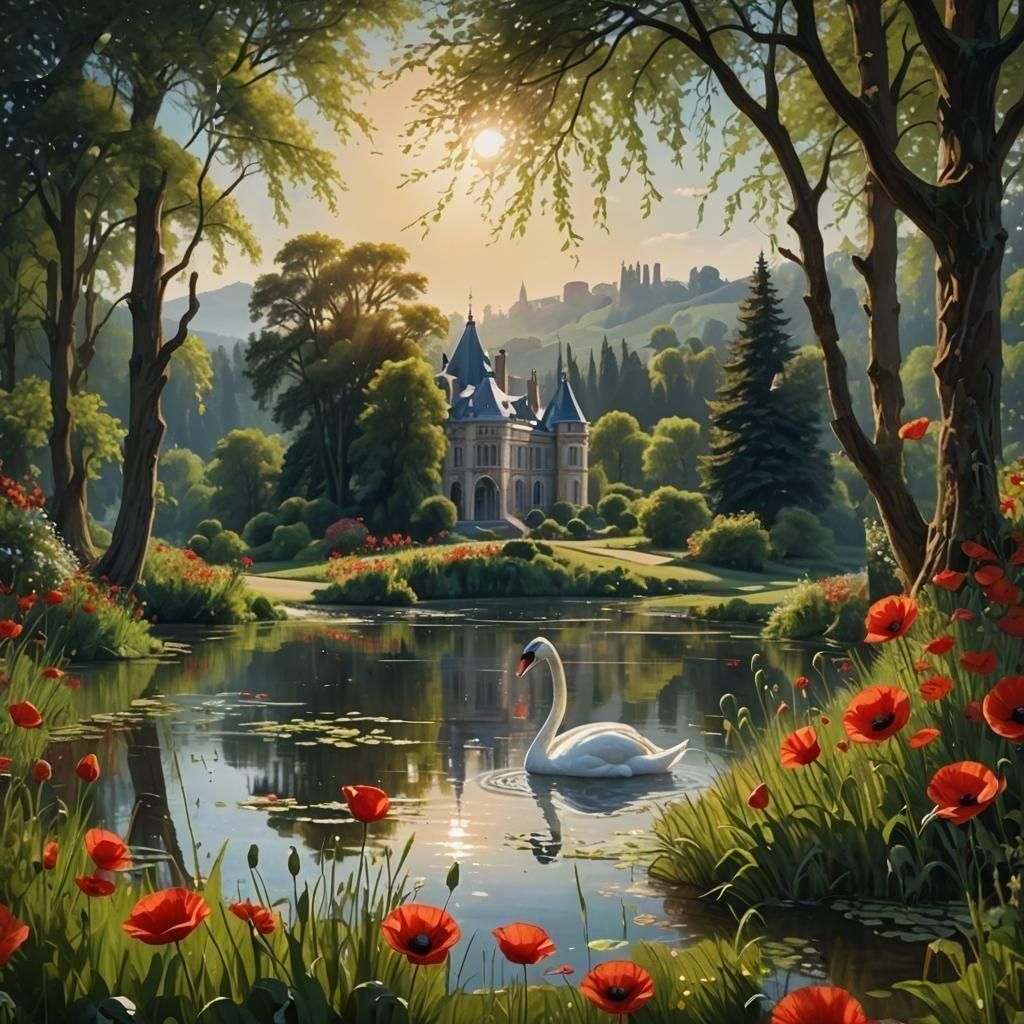 Spring Hill Landscape with Red Poppies and Palace
