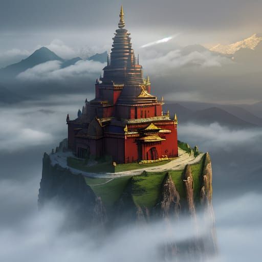 Surreal Tibetan Temple on Cloudy Mountain Peak in Cinematic ...