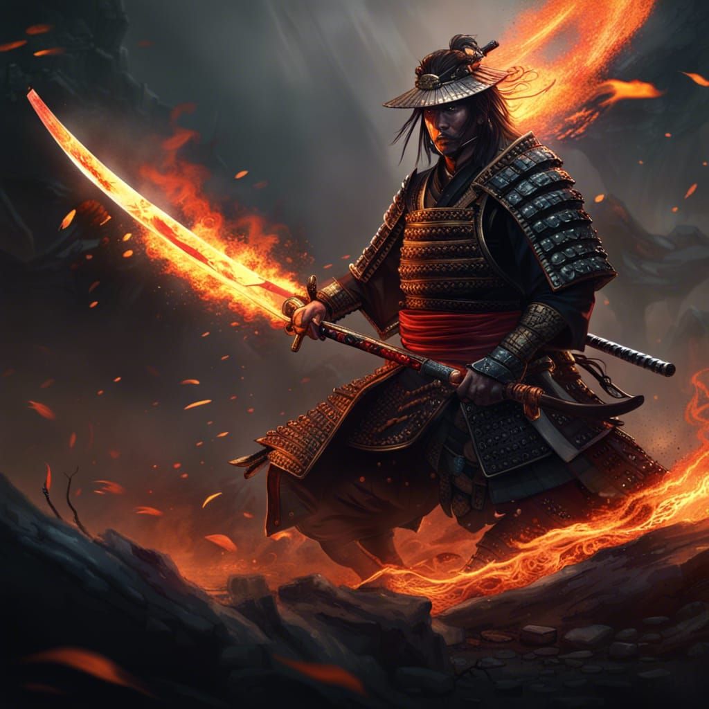 Samurai Warrior with Flaming Sword, Dark Fantasy Art