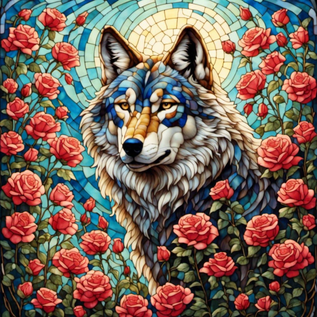 Stained Glass Wolf in Rose Field