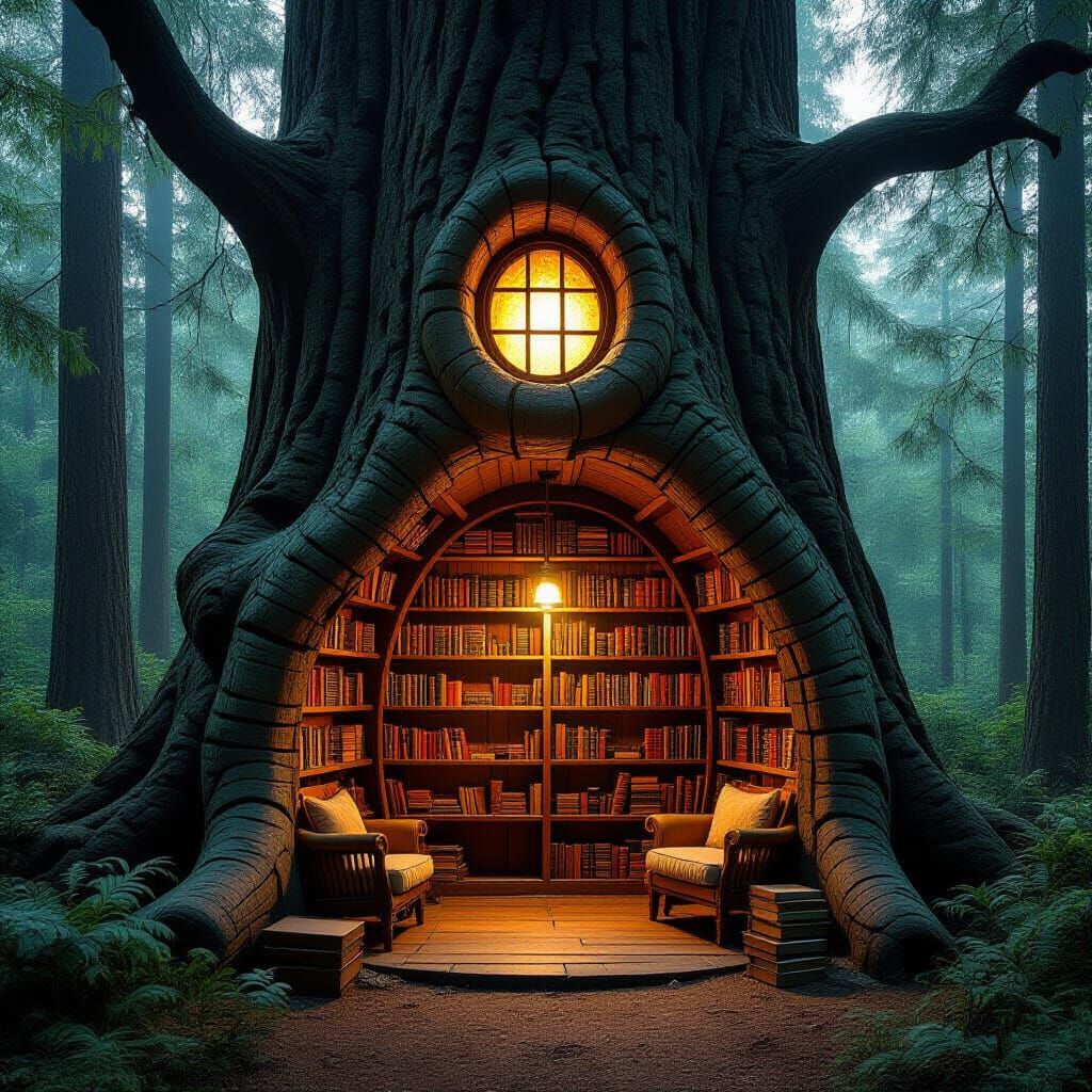 Magical Reading Nook in Ancient Tree Trunk