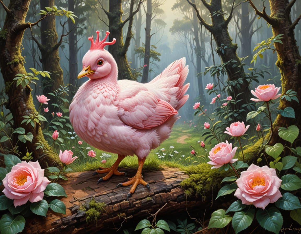 Pink Dragon Hatchling in Forest, Oil Painting Style