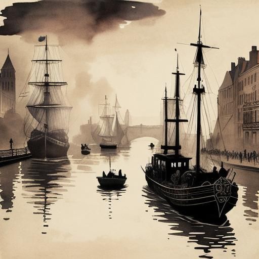 Steampunk Boat on Thames in Modern Ink Painting