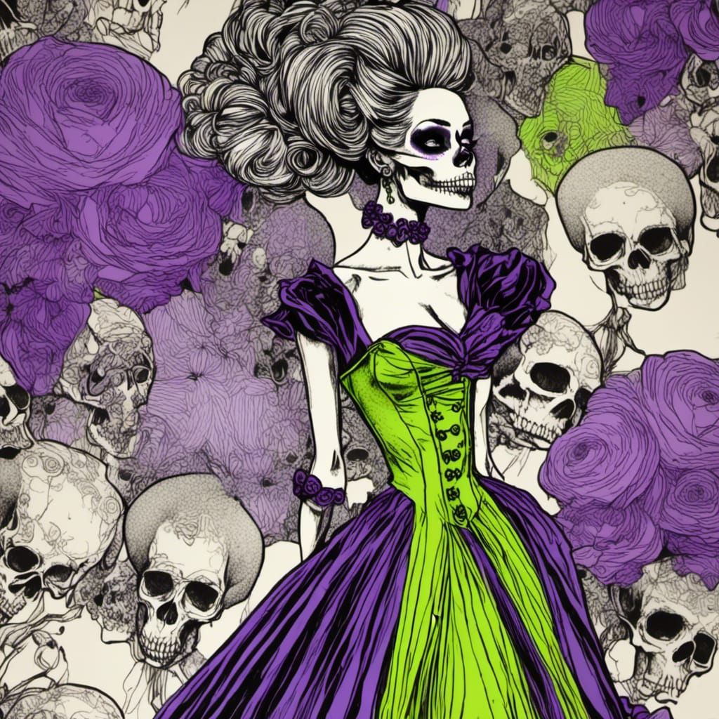 Glamorous Skull Halloween Ballgown in Purple and Green